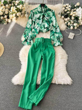 Two Piece Floral Ruched Sleeves Blouse Belted Wide Leg Pants S / Green